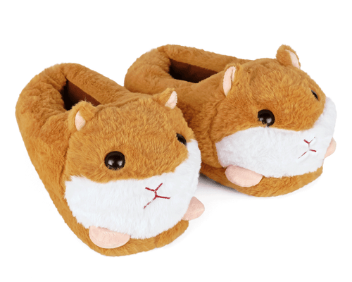 Pair of plush slippers shaped like guinea pigs on a white background