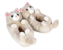 Load image into Gallery viewer, Pair of Kitty Cat Slippers, made with cream colored plush, tails, paws, pink ears and noses, and blue eyes.
