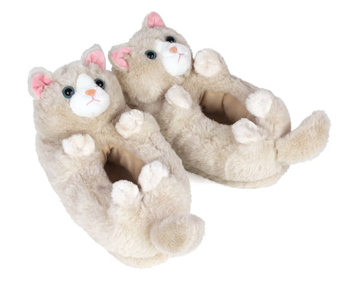 Pair of Kitty Cat Slippers, made with cream colored plush, tails, paws, pink ears and noses, and blue eyes.