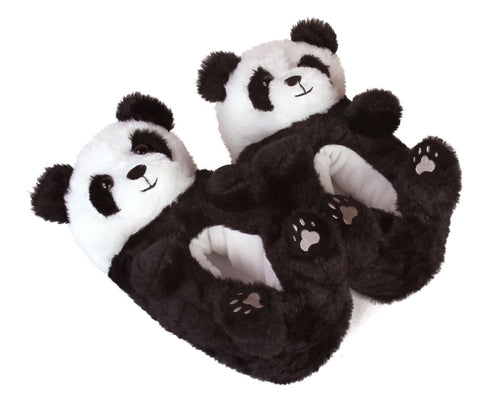 pair of plush panda bear slippers with black and white fur, little ears, smiling faces, and four paws