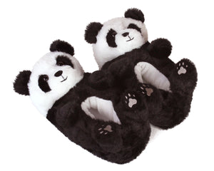 pair of plush panda bear slippers with black and white fur, little ears, smiling faces, and four paws