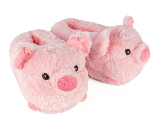 Pair of pink plush pig slippers on a white background