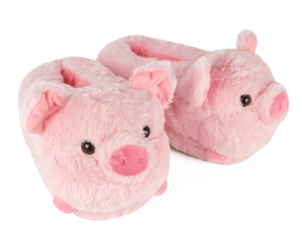 Pair of pink plush pig slippers on a white background