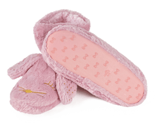 Load image into Gallery viewer, Pink slippers with bunny ears on a white background; one slipper is turned upside-down to show the non-slip sole

