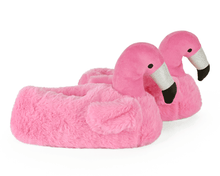 Load image into Gallery viewer, Pair of pink flamingo-shaped slippers, seen from the side, on a white background
