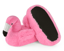 Load image into Gallery viewer, Pink flamingo-shaped slippers with a black sole on a white background
