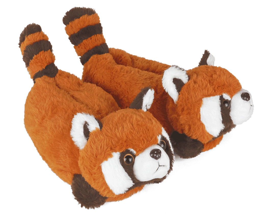 Plush red panda slippers on a white background