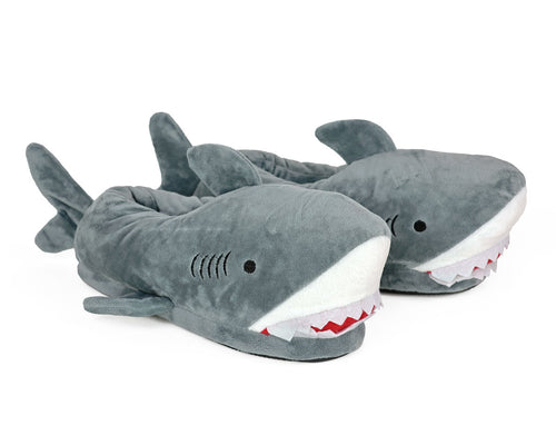 Pair of plush shark slippers made of gray plush, with dorsal fins, side fins, tails, embroidered eyes and gills, and felt teeth with red mouth.