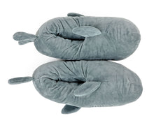 Load image into Gallery viewer, Top view of pair of plush shark slippers
