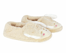 Load image into Gallery viewer, Pair of beige bunny slippers with embroidered faces and long ears on a white background, seen from the side
