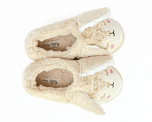 Load image into Gallery viewer, Pair of beige bunny slippers with embroidered faces and long ears on a white background, seen from the top
