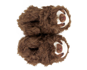 Pair of brown fuzzy sloth slippers seen from above