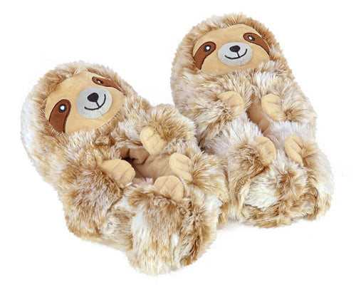 Pair of plush sloth slippers with fuzzy brown fur, embroidered eyes, noses, and mouths, and four legs that wrap around body with little paws at the ends.