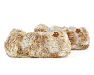 Pair of plush sloth slippers seen from the side