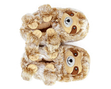 Load image into Gallery viewer, Pair of plush sloth slippers seen from the top
