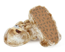 Load image into Gallery viewer, Pair of plush sloth slippers with one upside down to show the sole, which is made out of faux suede with non-slip grips.

