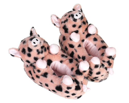 Pair of Spotted Pig Slippers, plush animal slippers with pink fur and black spots, hooves, pointed ears, piggy noses, and curly tails.