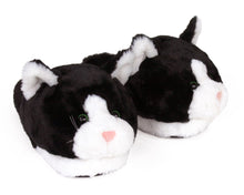 Load image into Gallery viewer, Black and White Kitty Slippers 3/4 View
