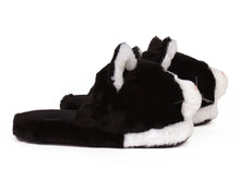 Load image into Gallery viewer, Black and White Kitty Slippers Side View
