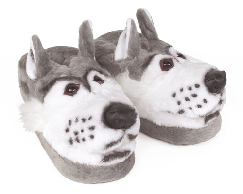 Gray Wolf Head Slippers 3/4 View