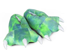 Load image into Gallery viewer, Green Dinosaur Feet Slippers 3/4 View

